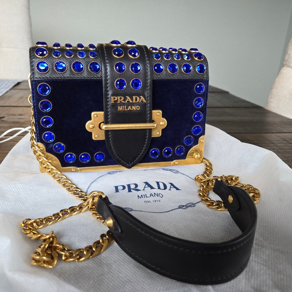 Prada Cahier Navy Blue Velvet City Calf Saffiano Leather Crystal Handbag Bag - Picture 3 of 12
